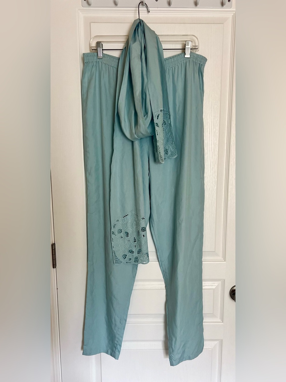 Lightweight Blue Relaxed-fit Pants Elastic Waistband with Matching Lace Sash